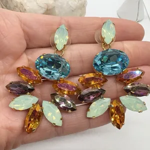 Colorful‎ Rhinestone Dangle Drop Gold Tone Earrings Pierced Statement Heavy thumbnail 2