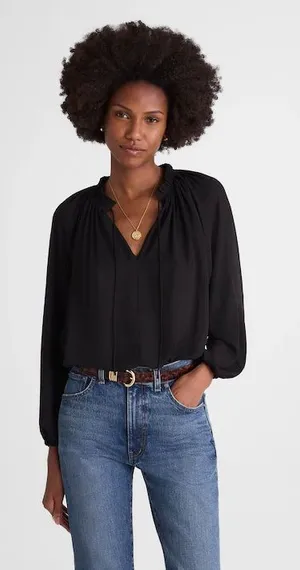 Madewell Long-Sleeve Tie-Neck Top black NY328 Size M NWT thumbnail 1