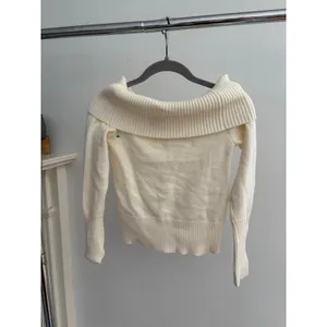 Women’s Ivory Off Shoulder Sweater Ribbed Foldover Cowl Neck Knit Pullover thumbnail 4