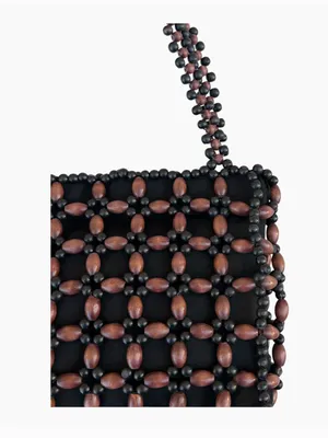 Wooden Black Brown Beaded Double Strap Snap Shoulder Bag thumbnail 3