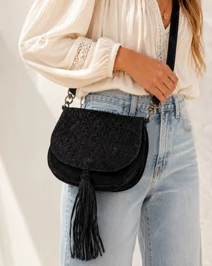 World Market Black Suede Leather Fringe Crossbody Handbag Purse Boho Casual thumbnail 1