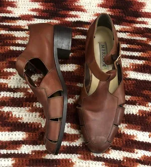 VTG Brown Leather woven Fisherman Pilgrim Sandals Maryjane loafers flats shoes #peasant #cottagecore #western #boho, #indie vintage Size 9 thumbnail 1