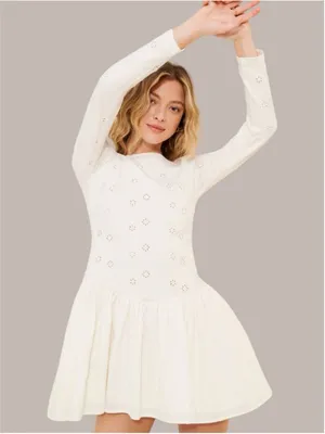 Free People White Eyelet Long Sleeve Drop Waist Mini Dress Sz L/G Romantic Boho thumbnail 4