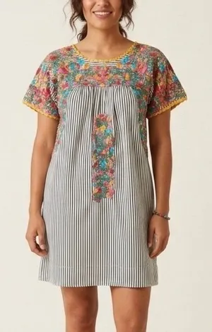 Sister Mary Stripe Marylou Embroidered Floral Boho Mini Dress Navy Blue XS thumbnail 1