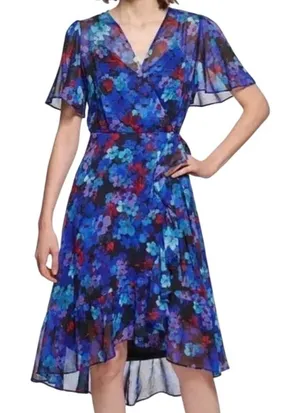 Calvin Klein Women's Floral Chiffon Faux Wrap Flutter Sleeve Dress Blue Size 18W thumbnail 1