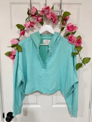 Simply Southern Aqua Cropped Hoodie M Raw Hem V Neck Coastal Beach Pullover thumbnail 2