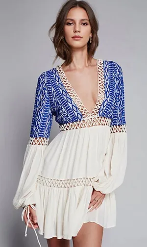 Free People Dusk to Dawn Dress Boho Sz 2 White Blue‎ Crochet Deep V Long Sleeve thumbnail 1
