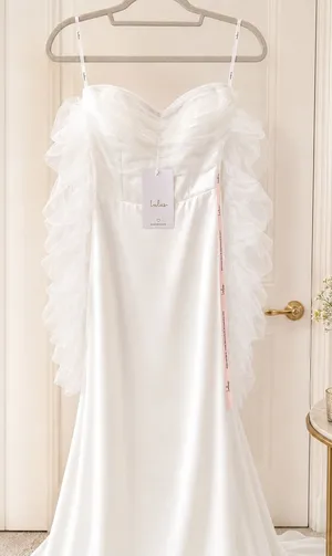 Lulu's Ivory Satin Wedding Dress with Ruffled Tulle Sleeves thumbnail 1