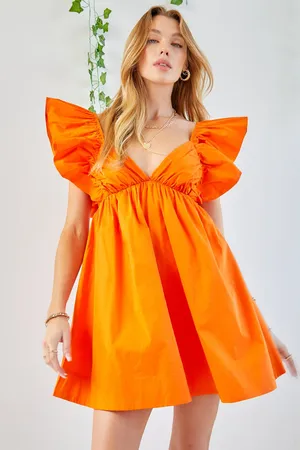Day + Moon Ruffle Sleeve Tie Back Poplin Mini Dress Orange thumbnail 1