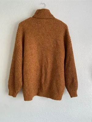 Old Navy Ribbed Turtleneck Sweater in Camel Brown Tunic Length Wool Blend thumbnail 3