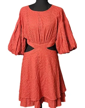 VICI Rust Orange Eyelet Dainty Tiered Cut Out Mini Dress‎ Puff Sleeves, Large thumbnail 1