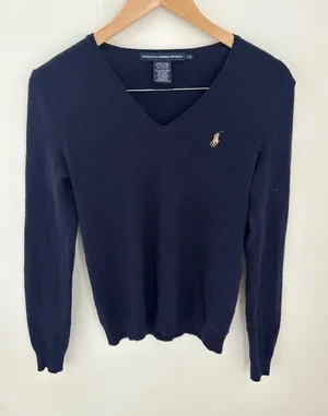 Ralph Lauren Sport Navy Blue‎ Merino Wool Cashmere V-Neck Sweater Womens Large thumbnail 1