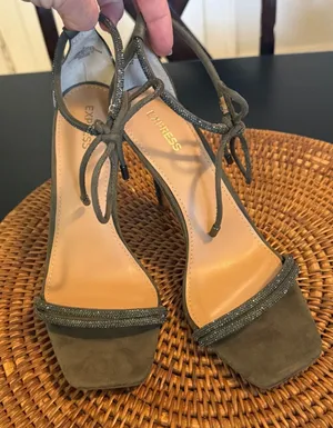 Express Olive Green Rhinestone Square Toe Lace Up Stiletto‎ Heels tSize 8 thumbnail 1