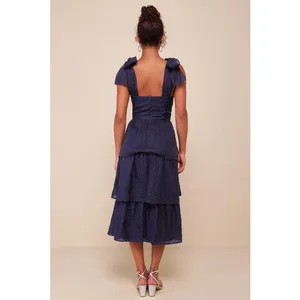 NWT Lulus Blissful Direction Navy Tie-Strap Clip Dot Bustier Midi Dress Gala M thumbnail 3