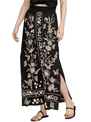 Johnny Was Women’s Size S Black White Embroidered Domingo High Slit Linen Skirt thumbnail 2