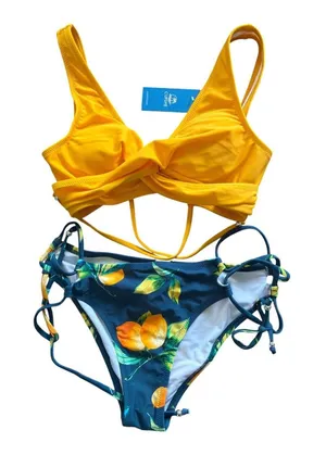 Cupshe Yellow Lemon Print Wrap Bikini Set XS Tie Side NWT thumbnail 1
