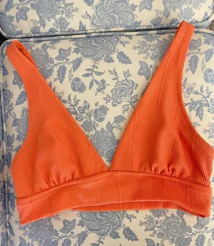 Aerie Crinkle Ribbed Triangle Longline Plunge Bikini Top Orange Large thumbnail 1