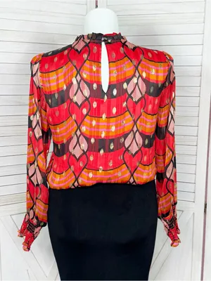 J Joie Printed Metallic Polka Dot Blouse Red Black‎ Pink Multi Large Smocked thumbnail 4