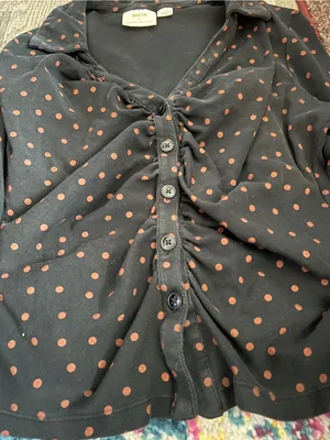 Maeve Anthropologie Ruched Button Front Top XL Black Tan Polka Dot Stretch thumbnail 9