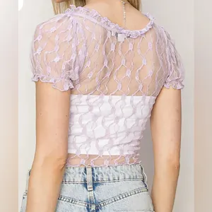 Hyfve Lace Short Sleeve Cropped Top in Lavender - NWOT - Size L thumbnail 2