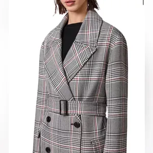 All Saints Tyla Check Plaid Wool Blend Belted Long Trench Coat thumbnail 4