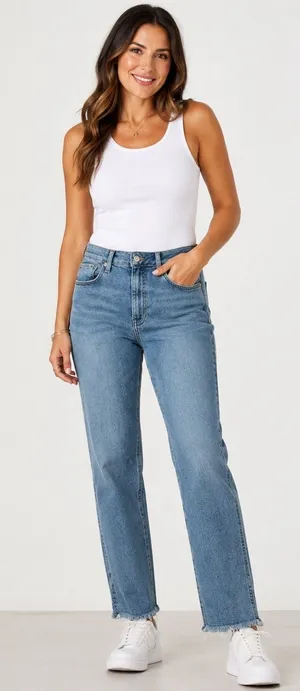 Free People We The Free Straight Leg Jeans Medium Wash Raw Hem Side Slit Size 30 thumbnail 1