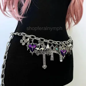 Silver Y2K Gothic Purple Heart Charm Chain Belt, Fits 14-40 Inches, X7GA1307 thumbnail 2