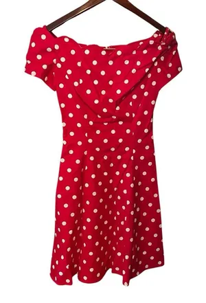Vintage 80s/90s Red & White polka dot off the shoulder A line dress Byer Too! 5 thumbnail 1