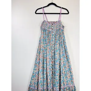 Free People Maxi Dress Blue Molly Jo Floral Button Down Cutout Back Smocked XS thumbnail 6