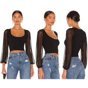 Free People Intimately Lost In Love‎ Seamless Top Black Mesh Puff Sleeve M/L thumbnail 7