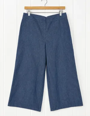 Talbots Wide Leg Crop Pants Womens 12 Blue Chambray Cotton Linen Culottes thumbnail 1