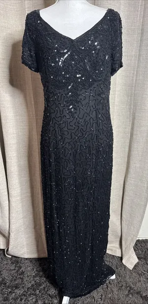 Vintage 90s Papell Boutique Black silk floral beaded sequin gown black tie Sz 14 thumbnail 1