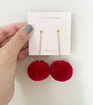 Handmade Red Pom Pom Earrings thumbnail 1