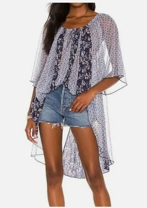Free People Because I Love You Floral High-Low Top in Blue Floral Print thumbnail 2