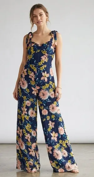 LULU’S Wide Leg Floral Jumpsuit S 16” p2p + Navy Multi NWT thumbnail 1