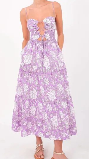DESERT QUEEN Isabella Floral‎ Tiered Midi Dress Purple NWT 36 thumbnail 1