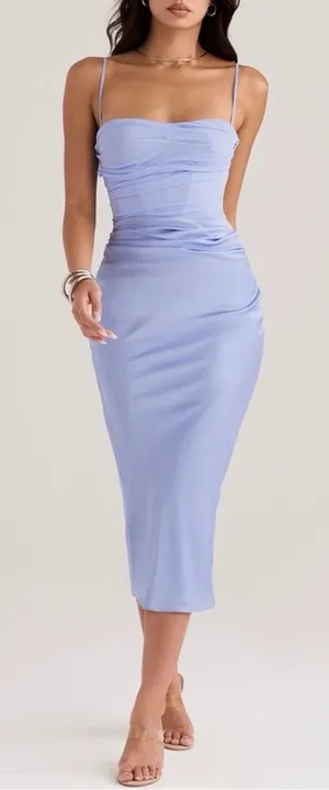 House of CB Teia Corset Midi Dress Georgette Satin Blue Size L thumbnail 1