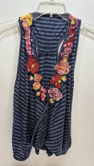 Free People Women’s Floral Embroidered Blue Stripe Frida Tank Top Size Medium thumbnail 1
