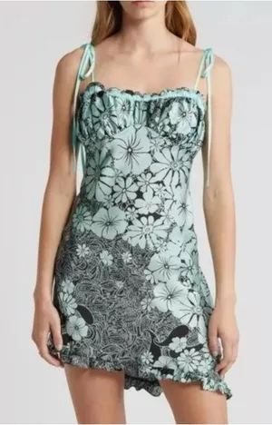 Free People Retro Daisy Dress Womens Small Green Ruffle Adjustable Straps thumbnail 1