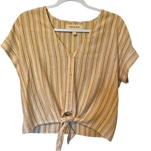 Anthropologie Cloth & Stone Yellow Striped Front Tie Crop Top Shirt thumbnail 2