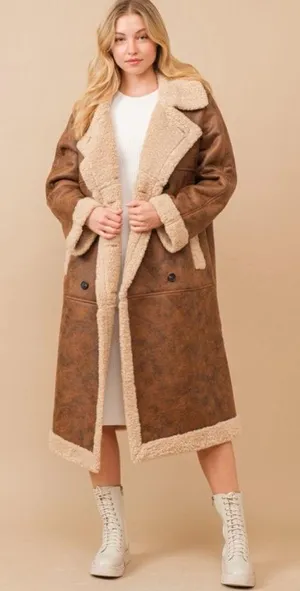 Faux leather teddy shearling long coat in chestnut thumbnail 1