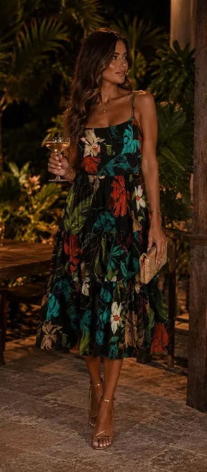 Delfi Collective 100% Cotton Black Green Floral Botanical Midi Dress Size XS thumbnail 1