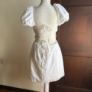 ZARA | White Eyelet Puff Sleeve Lace Up Back Mini Dress | Large thumbnail 2