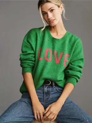 Sundry Love Oversized Green Crewneck Sweater with Pink Graphic Size Small thumbnail 1