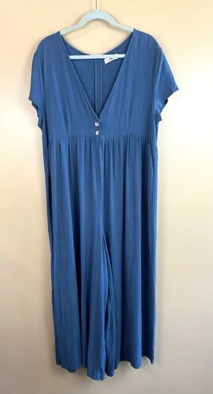Natural Life Avery Blue Wide Leg Jumpsuit L/XL Rayon Linen Boho Cottage Empire thumbnail 1