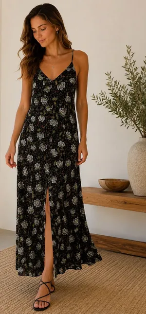 Smell the Roses Black Floral Racerback Slip Maxi Dress Slit Size S thumbnail 1