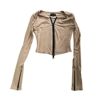WHITE FOX Ribbed Knit Crop Zip-Up Top‎ XS Tan Y2K Street Style Neutral Aesthetic thumbnail 1