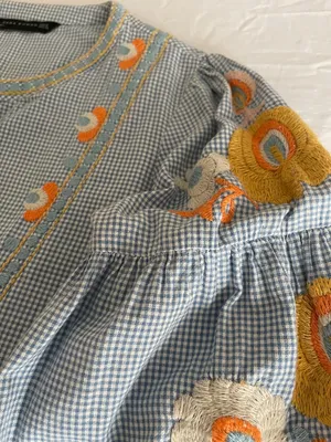 ZARA Woman Boho Embroidered Gingham Blouse - light Blue & White thumbnail 13