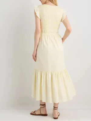 Quince Organic Textured Cotton Smocked V-Neck Midi Dress Pale Custard Yellow L thumbnail 4