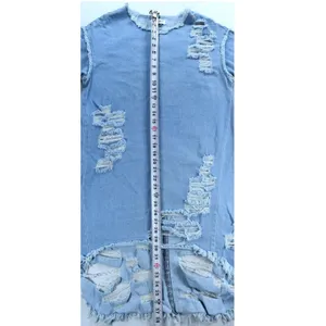 Vibrant MIU Light Wash Distressed Denim Shift Dress Shredded High Low Hem Blue thumbnail 5